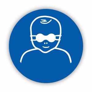 Nakaz ochrony wzroku dzieci przyciemnianymi okularami, znak nakazu naklejka BHP (ZN25)