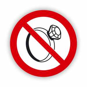 Zakaz noszenia biżuterii w pomieszczeniach produkcyjnych, naklejka BHP (ZZ61)