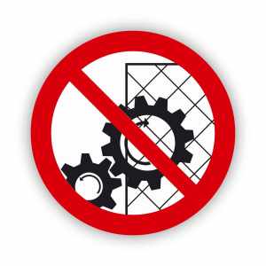 Zakaz zdejmowania osłon podczas pracy urządzenia, naklejka BHP (ZZ62)