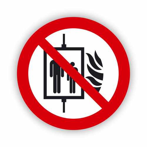 zakaz używania windy w razie pożaru, naklejka BHP