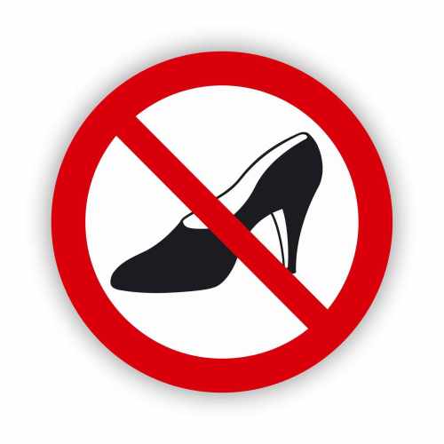 Zakaz używania obuwia na wysokim obcasie, naklejka BHP