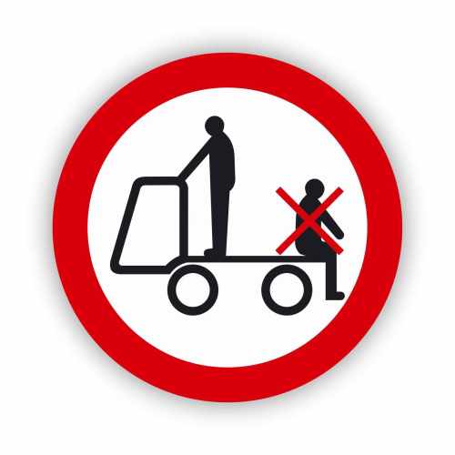 Zakaz przewożenia osób na urządzeniach transportowych, naklejka BHP.