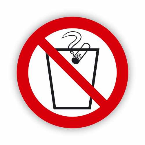 Zakaz wyrzucania niedopałków do kosza, naklejka BHP.