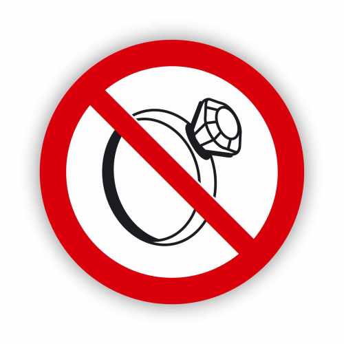 Zakaz noszenia biżuterii w pomieszczeniach produkcyjnych, naklejka BHP.