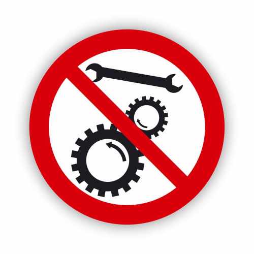 Zakaz naprawiania urządzenia w ruchu, naklejka BHP.