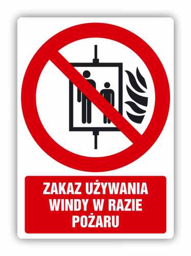 Zakaz używania windy w razie pożaru, naklejka BHP